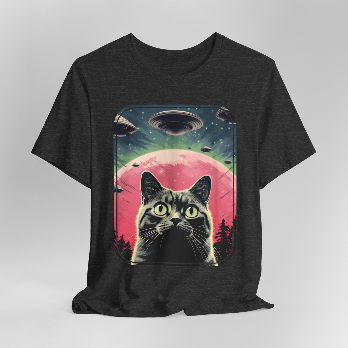 UFO Cat t-shirt, Funny Graphic T Shirt, Retro Alien Shirt, Cool Vintage Style, Cat Meme T-Shirt,