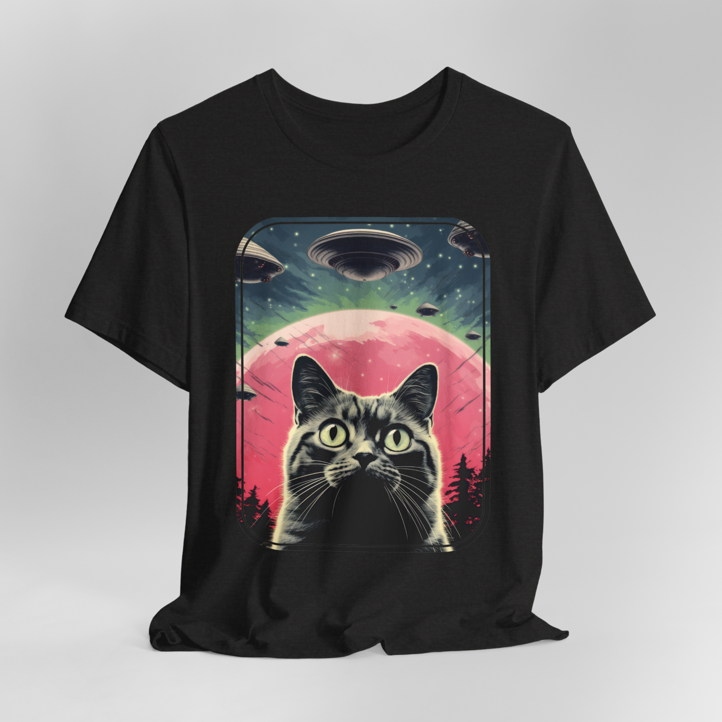 UFO Cat t-shirt, Funny Graphic T Shirt, Retro Alien Shirt, Cool Vintage Style, Cat Meme T-Shirt,