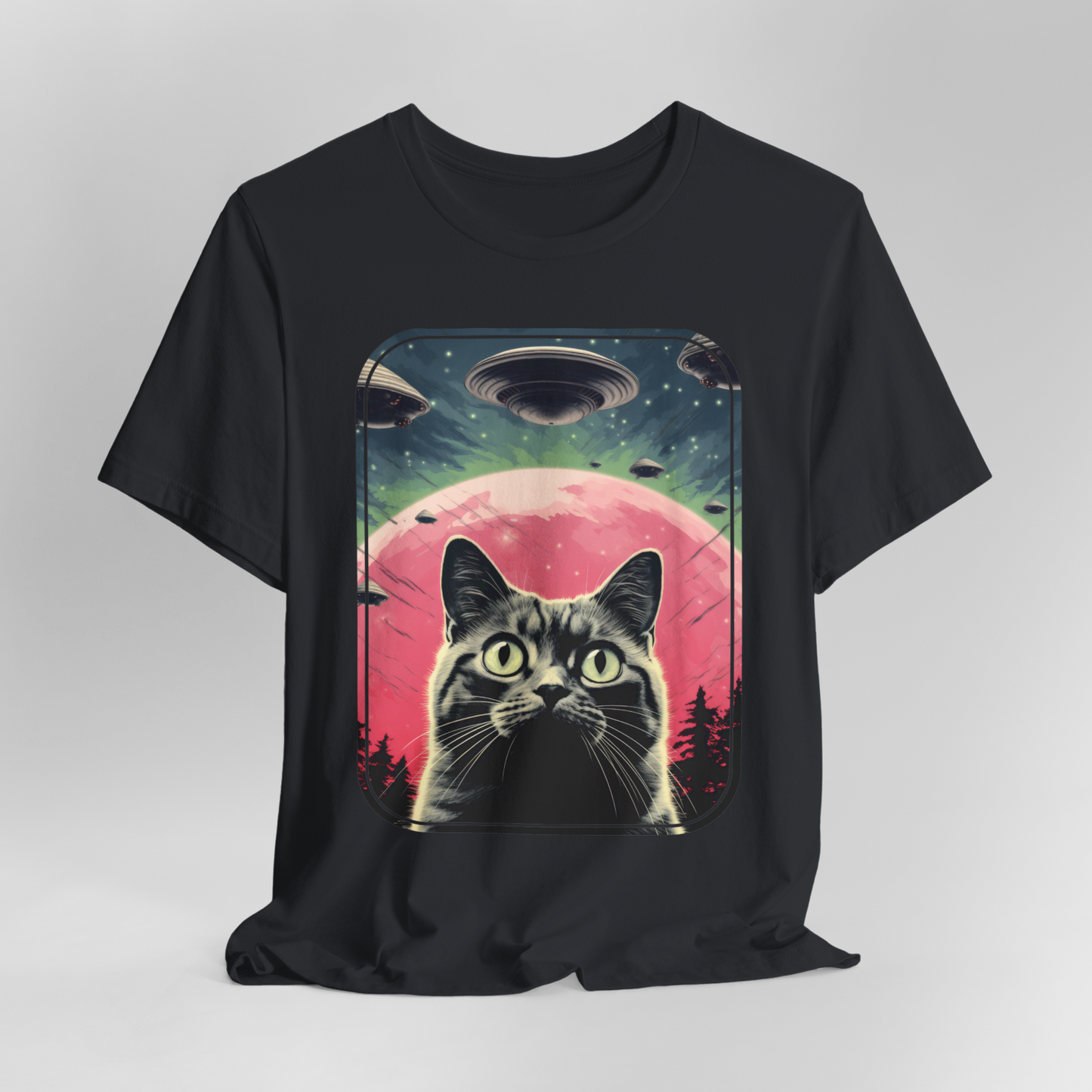 UFO Cat t-shirt, Funny Graphic T Shirt, Retro Alien Shirt, Cool Vintage Style, Cat Meme T-Shirt,