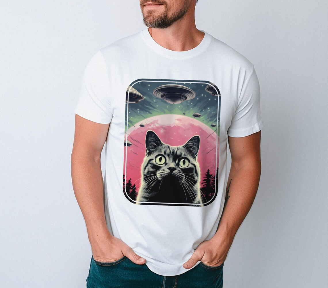 UFO Cat t-shirt, Funny Graphic T Shirt, Retro Alien Shirt, Cool Vintage Style, Cat Meme T-Shirt,