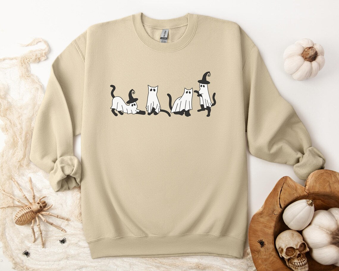 Halloween Sweatshirt, Cat Sweatshirt, Ghost Shirt,Black Cat Shirt, Cool Halloween Cat Shirt, Cat Lover Tshirt, Halloween Sweater