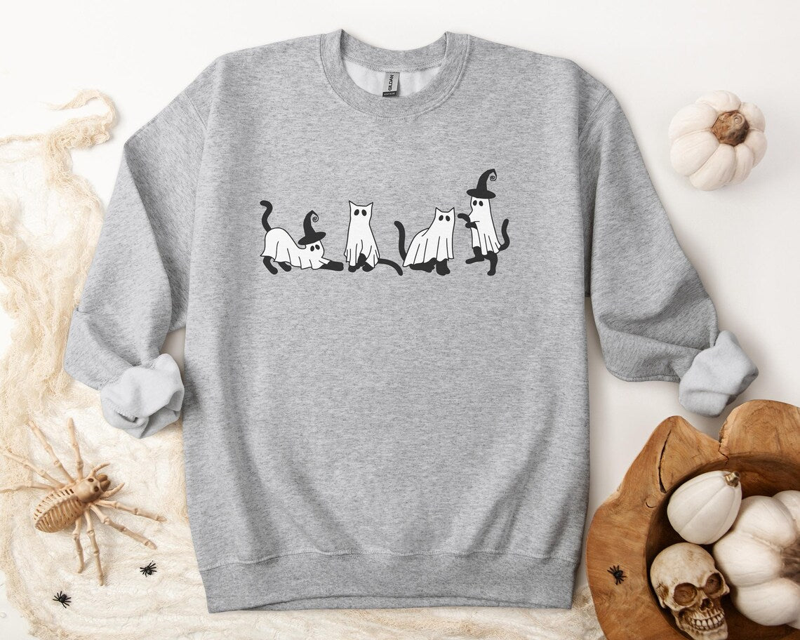 Halloween Sweatshirt, Cat Sweatshirt, Ghost Shirt,Black Cat Shirt, Cool Halloween Cat Shirt, Cat Lover Tshirt, Halloween Sweater