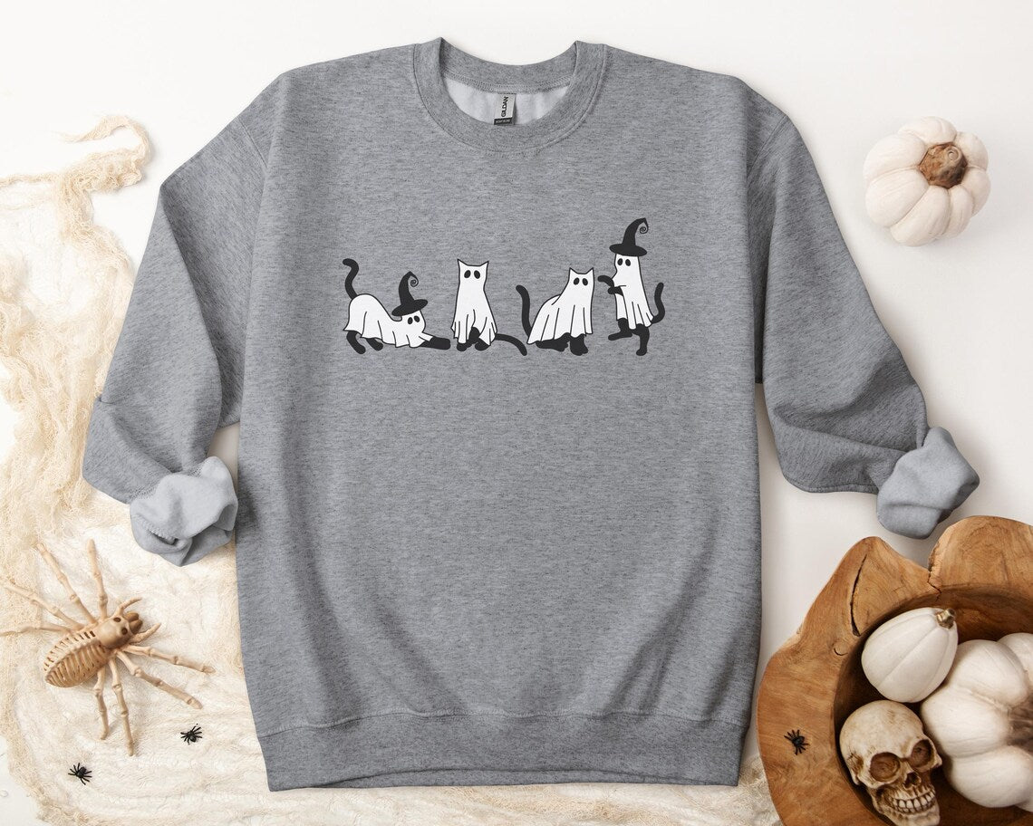 Halloween Sweatshirt, Cat Sweatshirt, Ghost Shirt,Black Cat Shirt, Cool Halloween Cat Shirt, Cat Lover Tshirt, Halloween Sweater