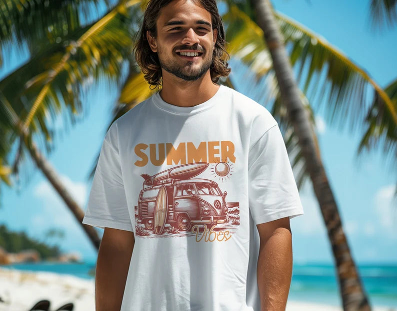 Summer Vibes VW Bus Surfing Vintage Graphic T-Shirt, Gift For Her, Gift For Him, Vacation Shirt