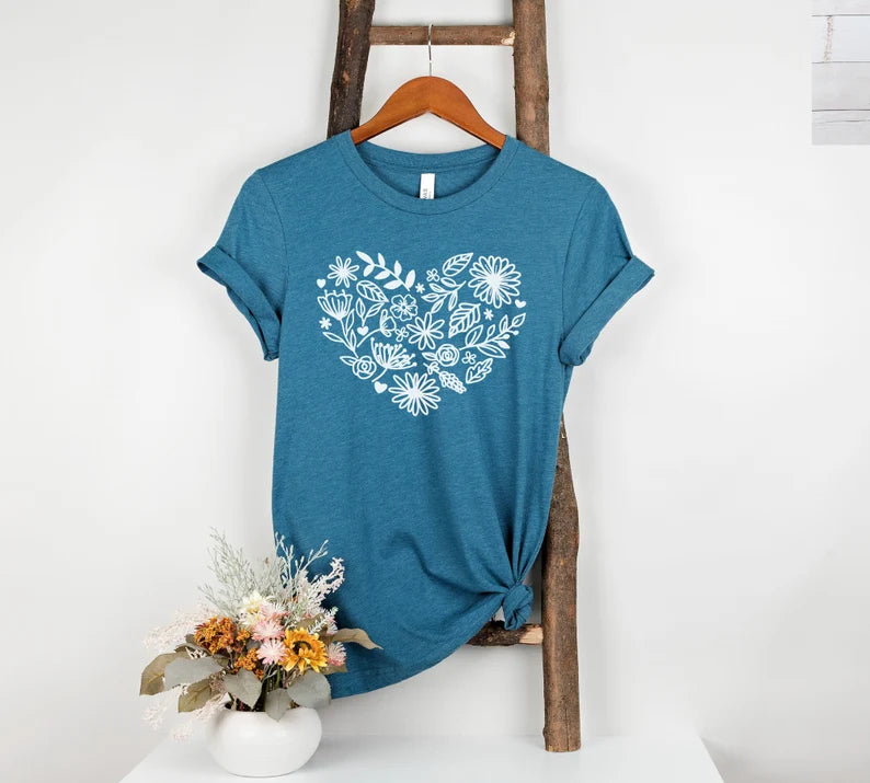 Flower Heart T-Shirt Floral, Botanical Shirt, Love Tee, Wildflowers