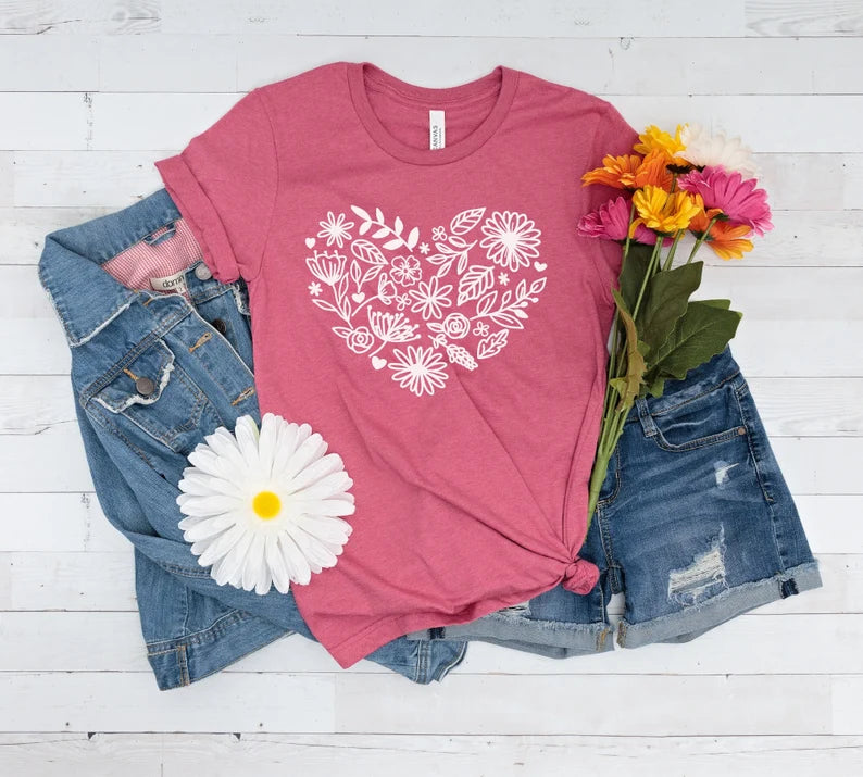 Flower Heart T-Shirt Floral, Botanical Shirt, Love Tee, Wildflowers
