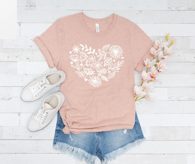 Flower Heart T-Shirt Floral, Botanical Shirt, Love Tee, Wildflowers