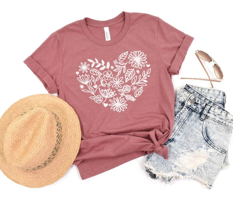 Flower Heart T-Shirt Floral, Botanical Shirt, Love Tee, Wildflowers