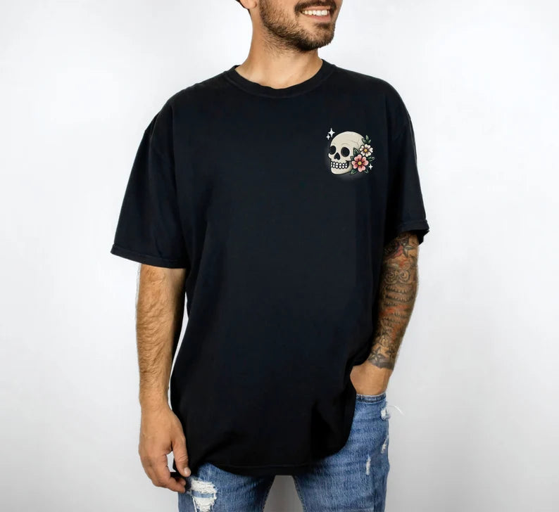 Tattoo Style Skull and Flowers T-shirt