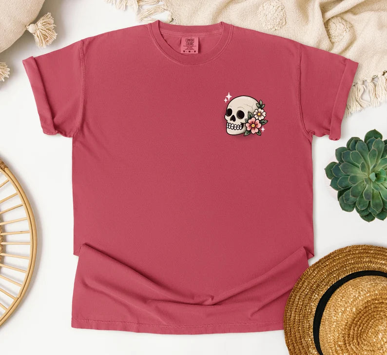 Tattoo Style Skull and Flowers T-shirt
