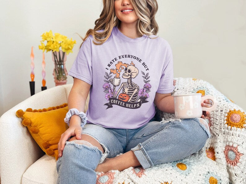 I Hate Everyone But Coffee Helps T-Shirt, Halloween Shirt, Coffee Shirt