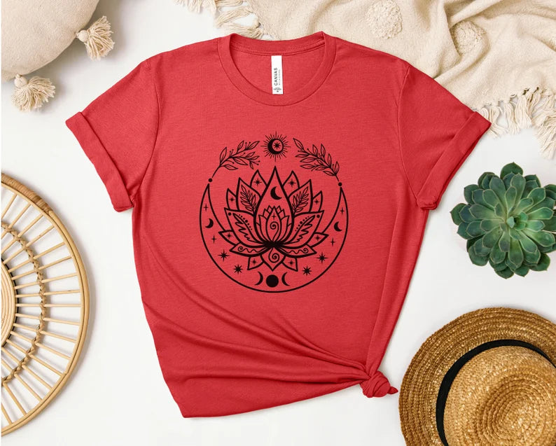 Lotus Flow With Crescent Moon T-shirt, Yoga Shirt, Self Care, Boho Tattoo, Moon Phase, Lotus Flower
