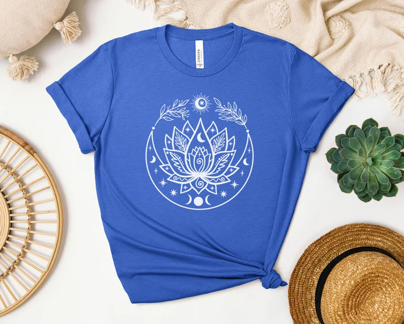 Lotus Flow With Crescent Moon T-shirt, Yoga Shirt, Self Care, Boho Tattoo, Moon Phase, Lotus Flower