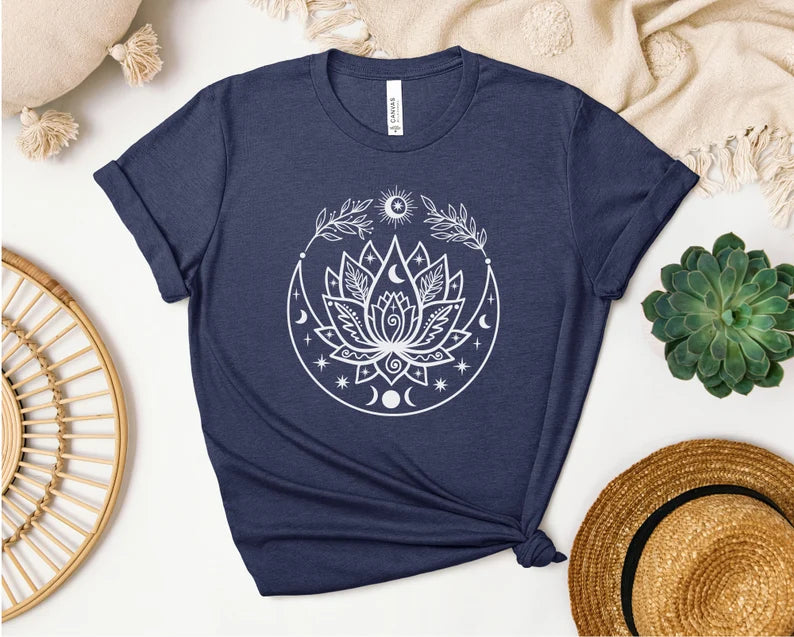 Lotus Flow With Crescent Moon T-shirt, Yoga Shirt, Self Care, Boho Tattoo, Moon Phase, Lotus Flower
