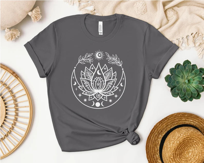 Lotus Flow With Crescent Moon T-shirt, Yoga Shirt, Self Care, Boho Tattoo, Moon Phase, Lotus Flower