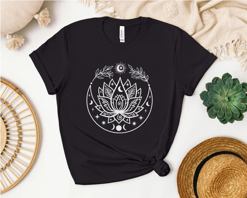 Lotus Flow With Crescent Moon T-shirt, Yoga Shirt, Self Care, Boho Tattoo, Moon Phase, Lotus Flower