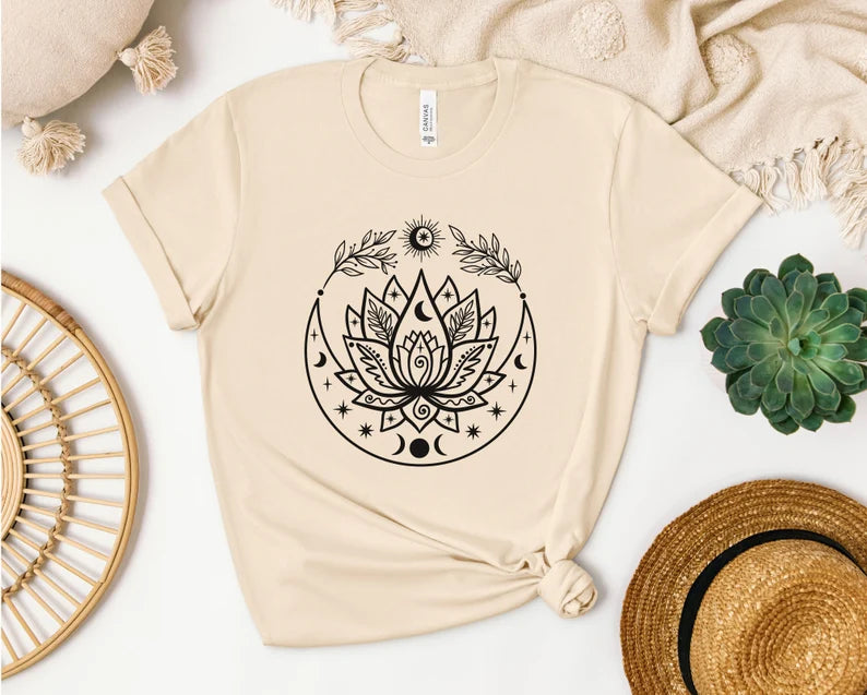 Lotus Flow With Crescent Moon T-shirt, Yoga Shirt, Self Care, Boho Tattoo, Moon Phase, Lotus Flower