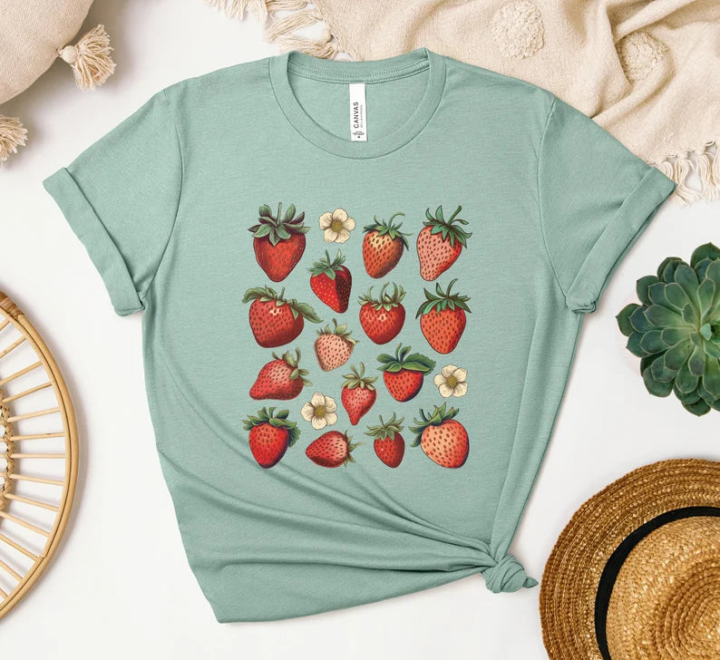 Vintage Strawberry Graphic T-Shirt, Gardener Gift, Foodie Gift, Women's Shirt