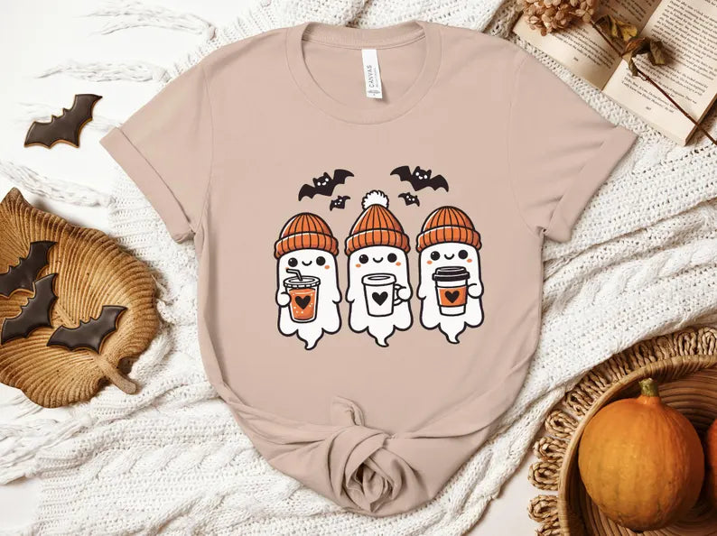 Ghost With Coffee T-shirt, Halloween Shirt, Fall Shirt, Spooky T-Shirt