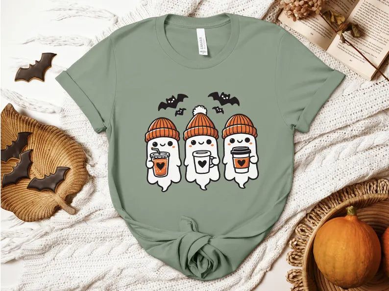 Ghost With Coffee T-shirt, Halloween Shirt, Fall Shirt, Spooky T-Shirt