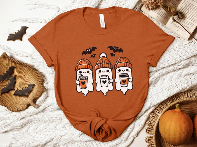 Ghost With Coffee T-shirt, Halloween Shirt, Fall Shirt, Spooky T-Shirt