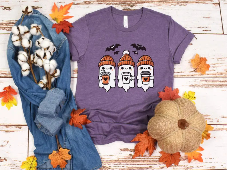 Ghost With Coffee T-shirt, Halloween Shirt, Fall Shirt, Spooky T-Shirt