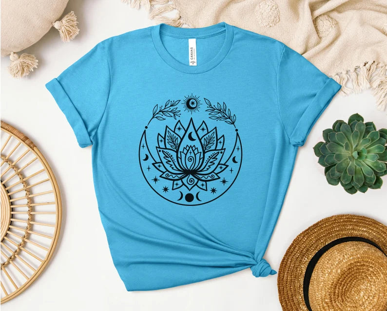 Lotus Flow With Crescent Moon T-shirt, Yoga Shirt, Self Care, Boho Tattoo, Moon Phase, Lotus Flower
