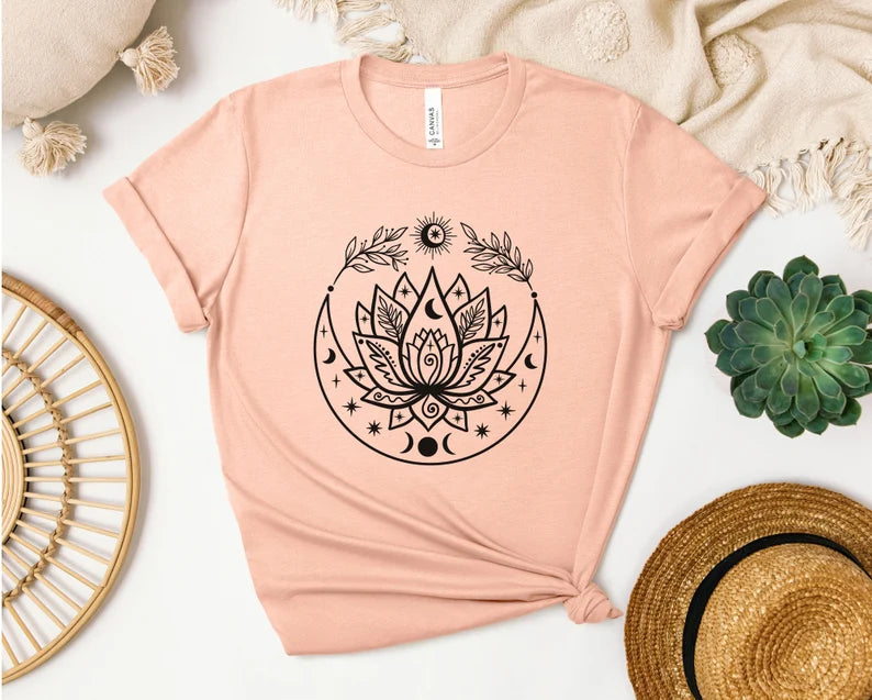 Lotus Flow With Crescent Moon T-shirt, Yoga Shirt, Self Care, Boho Tattoo, Moon Phase, Lotus Flower
