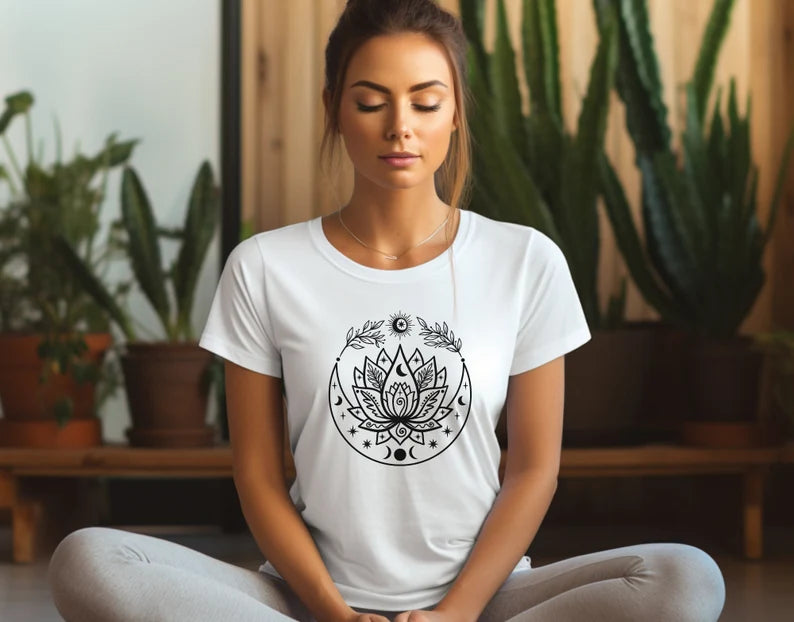 Lotus Flow With Crescent Moon T-shirt, Yoga Shirt, Self Care, Boho Tattoo, Moon Phase, Lotus Flower