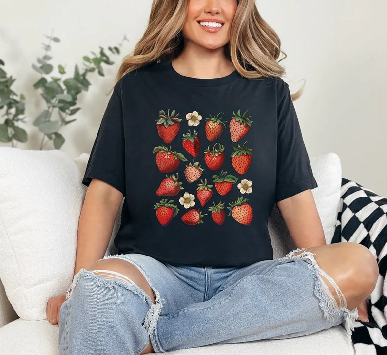 Vintage Strawberry Graphic T-Shirt, Gardener Gift, Foodie Gift, Women's Shirt