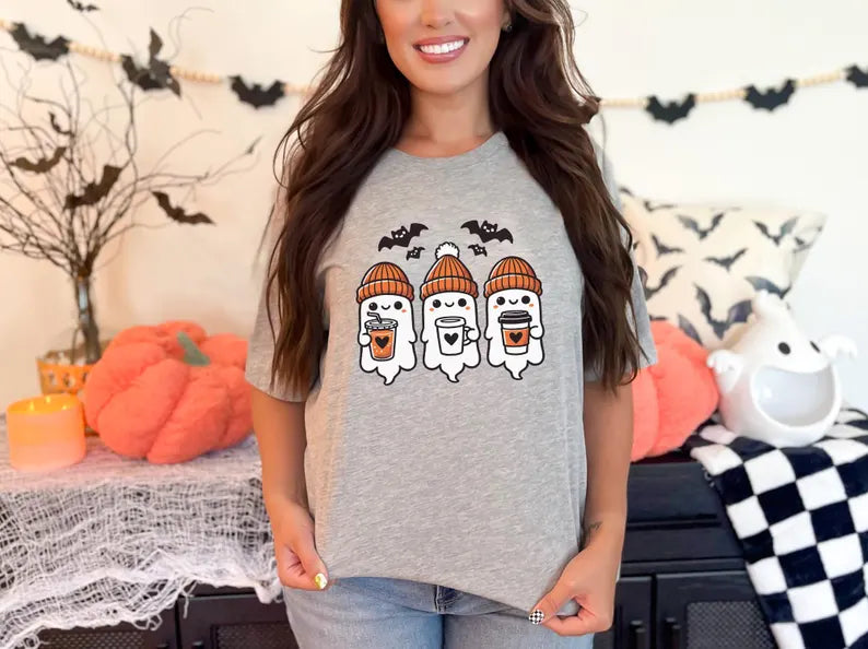Ghost With Coffee T-shirt, Halloween Shirt, Fall Shirt, Spooky T-Shirt