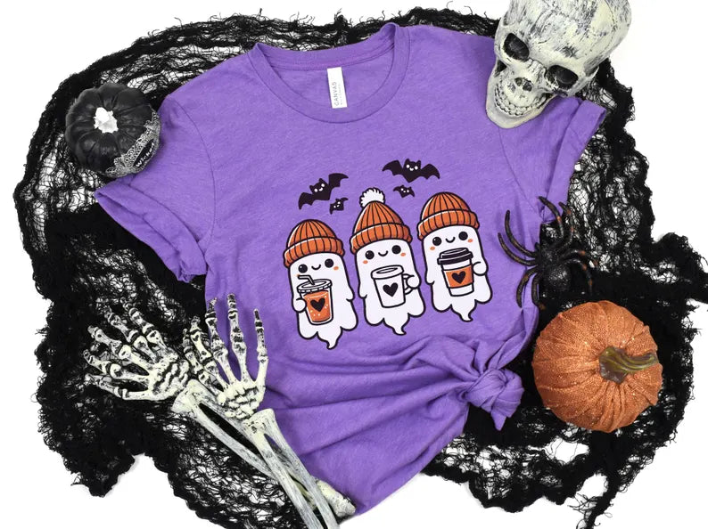 Ghost With Coffee T-shirt, Halloween Shirt, Fall Shirt, Spooky T-Shirt