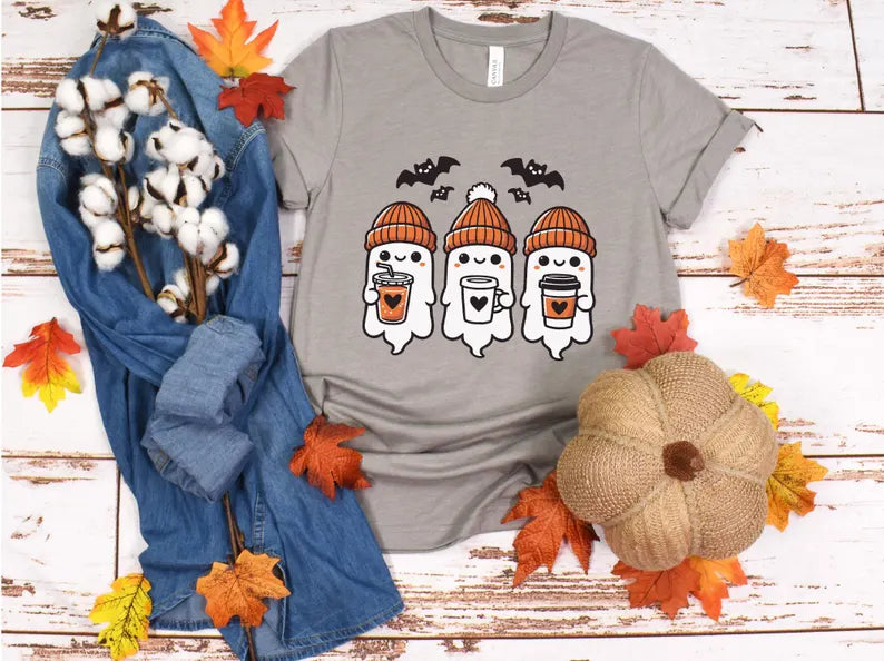 Ghost With Coffee T-shirt, Halloween Shirt, Fall Shirt, Spooky T-Shirt