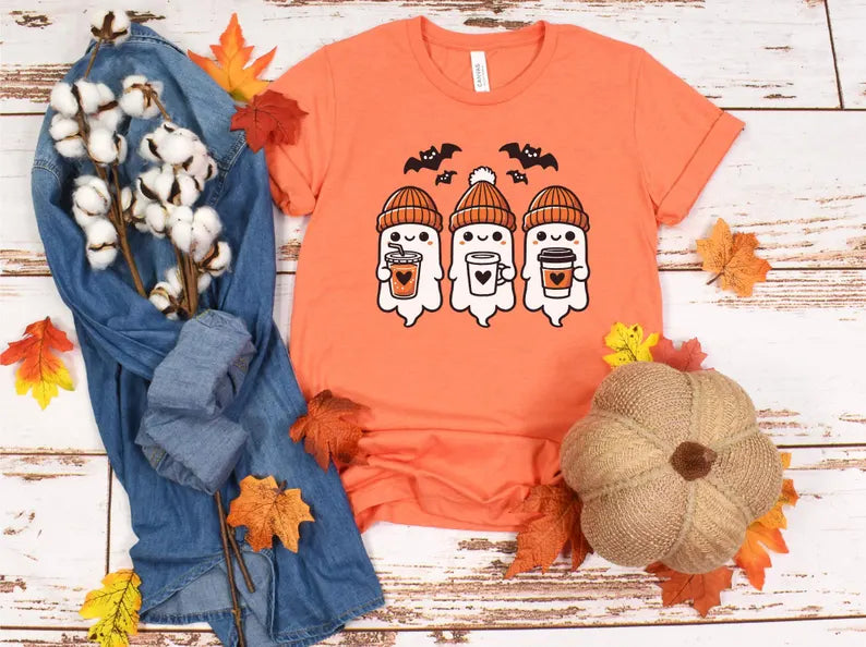 Ghost With Coffee T-shirt, Halloween Shirt, Fall Shirt, Spooky T-Shirt