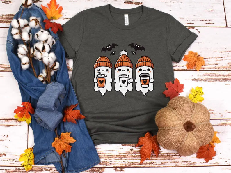 Ghost With Coffee T-shirt, Halloween Shirt, Fall Shirt, Spooky T-Shirt
