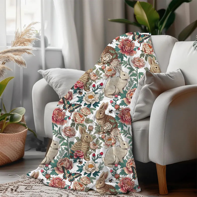 Floral Rabbits Plush Blanket