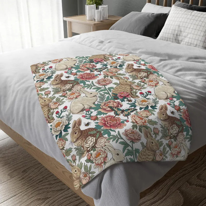 Floral Rabbits Plush Blanket