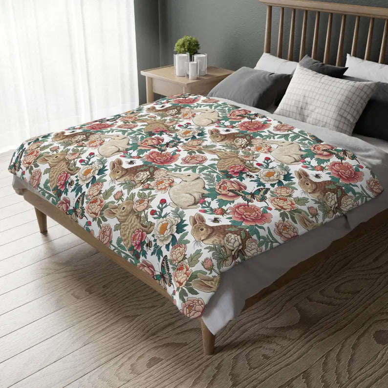 Floral Rabbits Plush Blanket