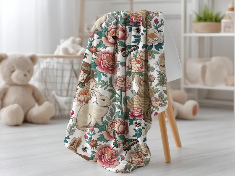 Floral Rabbits Plush Blanket
