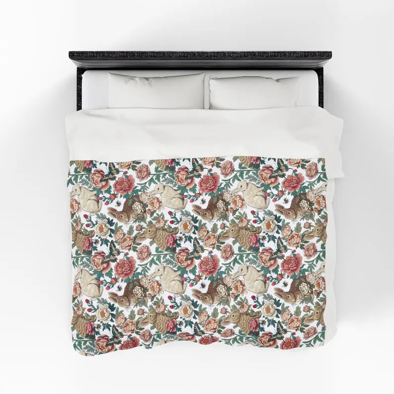 Floral Rabbits Plush Blanket