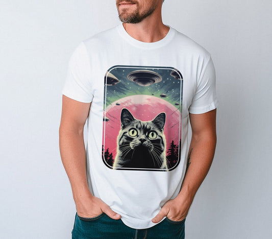 UFO Cat t-shirt, Funny Graphic T Shirt, Retro Alien Shirt, Cool Vintage Style, Cat Meme T-Shirt,