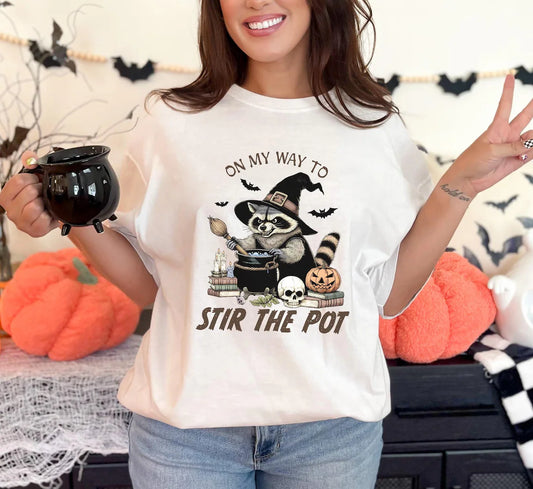 On My Way To Stir The Pot T-Shirt, Halloween Shirt, Vintage Halloween, Raccoon Shirt, Comfort colors
