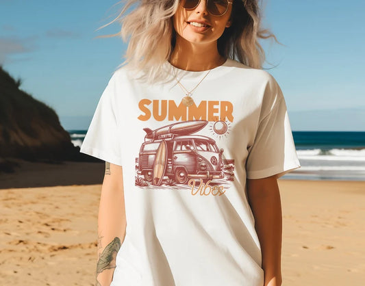 Summer Vibes VW Bus Surfing Vintage Graphic T-Shirt, Gift For Her, Gift For Him, Vacation Shirt