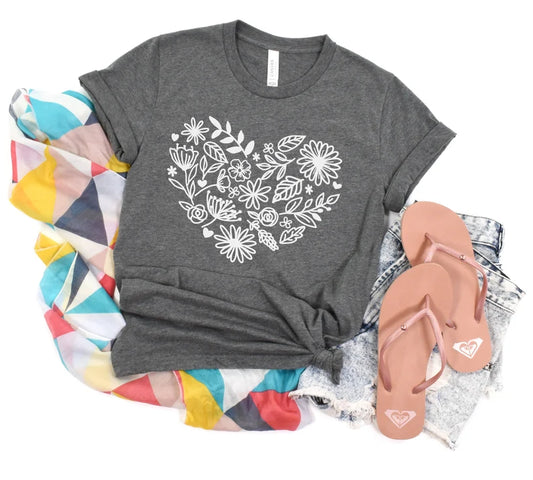 Flower Heart T-Shirt Floral, Botanical Shirt, Love Tee, Wildflowers