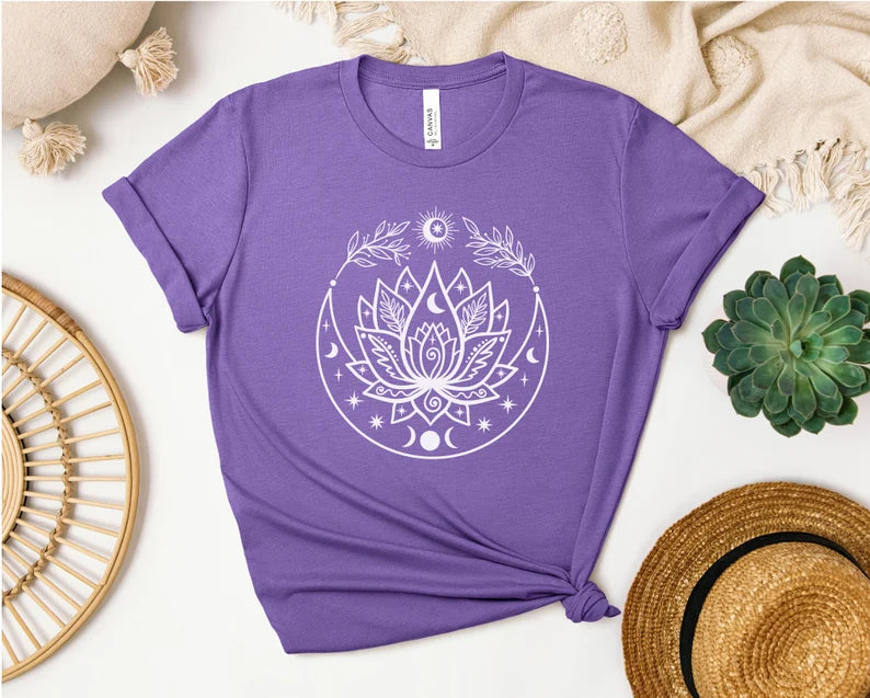 Lotus Flow With Crescent Moon T-shirt, Yoga Shirt, Self Care, Boho Tattoo, Moon Phase, Lotus Flower