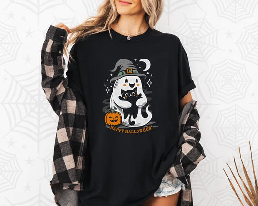 Happy Halloween Cute Ghost T-Shirt, Black Cat, Pumpkin, Vintage Halloween Shirt, Cute Halloween T-shirt