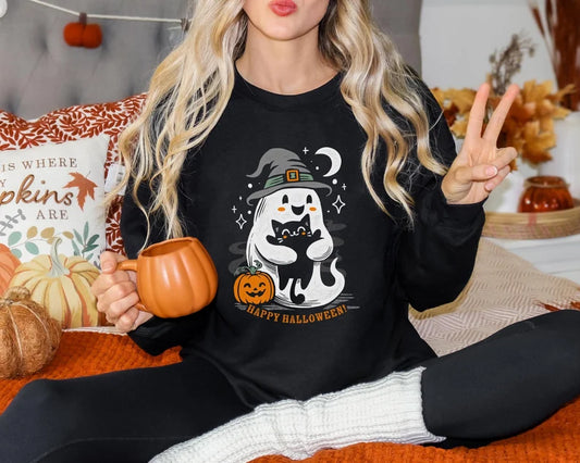 Happy Halloween Cute Ghost Sweatshirt, Black Cat, Pumpkin, Vintage Halloween Shirt, Cute Halloween sweatshirt