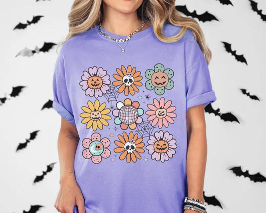 Retro Groovy Halloween Flowers T-Shirt